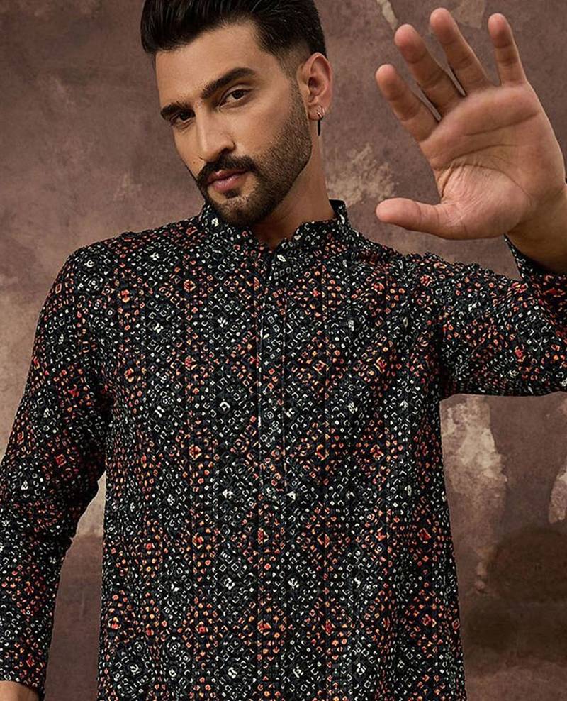 Men black viscose rayon bandhani embroidered straight kurta