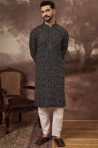 Men black viscose rayon bandhani embroidered straight kurta