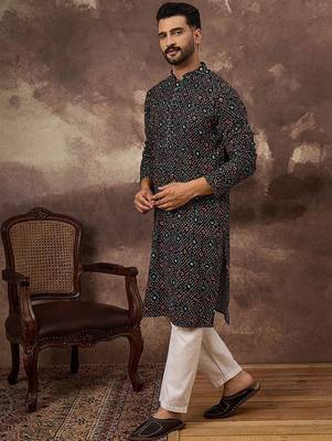 Men black viscose rayon bandhani embroidered straight kurta 3