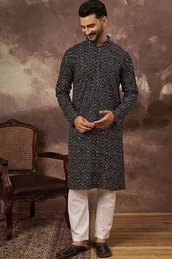 Men black viscose rayon bandhani embroidered straight kurta