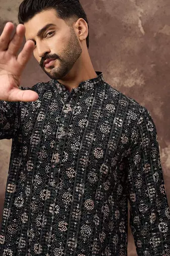 Men black viscose rayon geometric embroidered straight kurta
