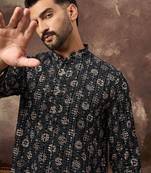 Men black viscose rayon geometric embroidered straight kurta