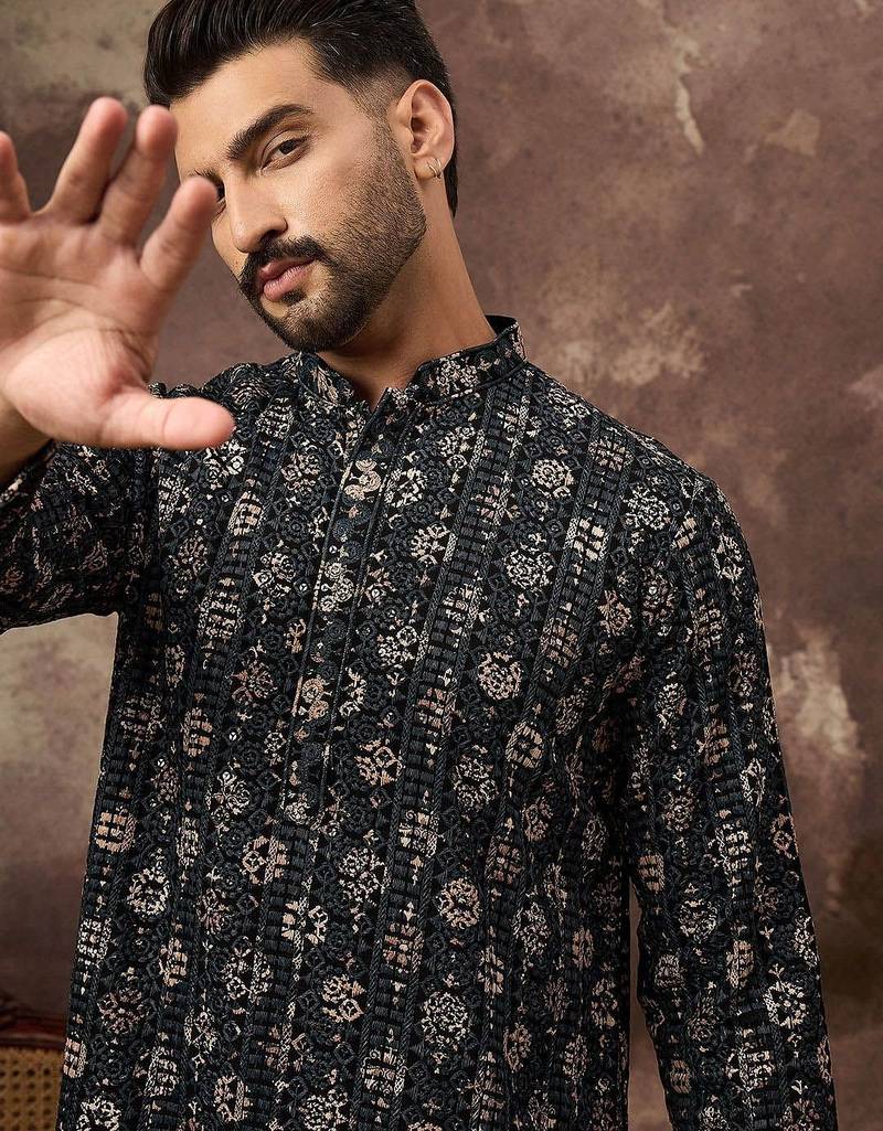 Men black viscose rayon geometric embroidered straight kurta