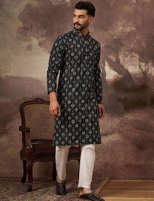 Men black viscose rayon geometric embroidered straight kurta 3