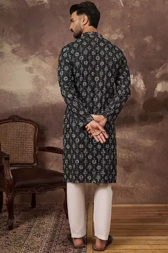 Men black viscose rayon geometric embroidered straight kurta