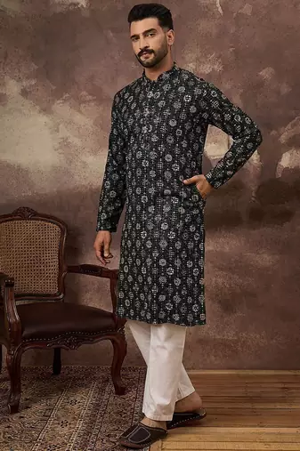 Men black viscose rayon geometric embroidered straight kurta