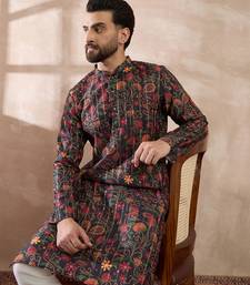 Men black silk blend embroidered mandarin collar straight kurta