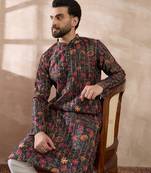 Men black silk blend embroidered mandarin collar straight kurta