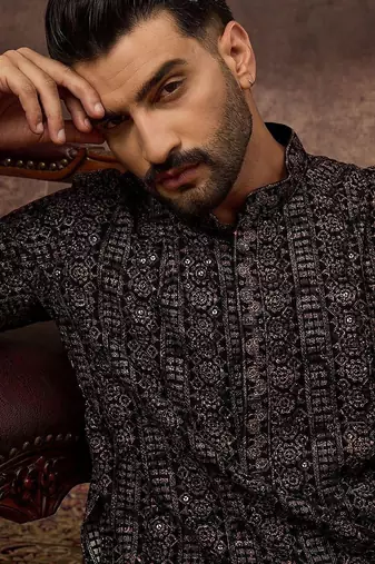 Men black viscose rayon ethnic motifs embroidered straight kurta