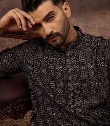 Men black viscose rayon ethnic motifs embroidered straight kurta
