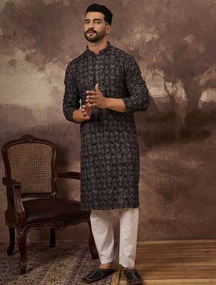 Men black viscose rayon ethnic motifs embroidered straight kurta 3