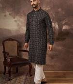 Men black viscose rayon ethnic motifs embroidered straight kurta