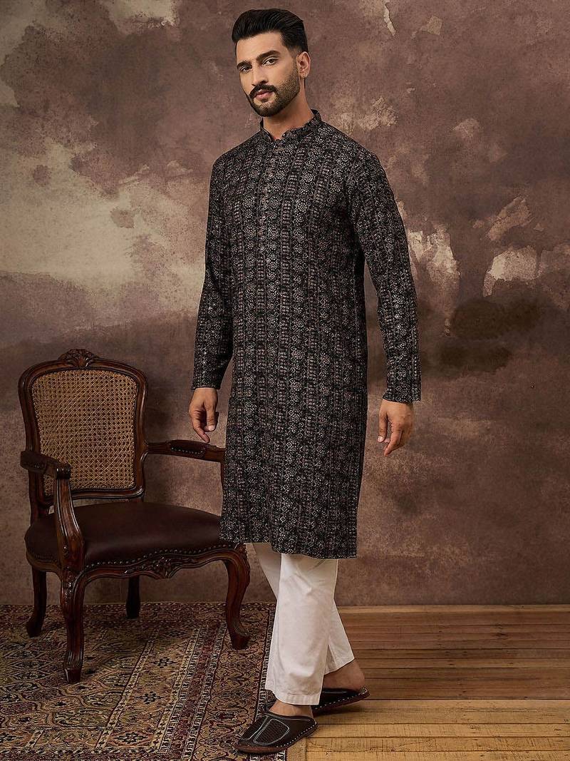 Men black viscose rayon ethnic motifs embroidered straight kurta
