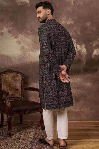 Men black viscose rayon ethnic motifs embroidered straight kurta