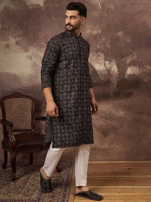 Men black viscose rayon ethnic motifs embroidered straight kurta 5