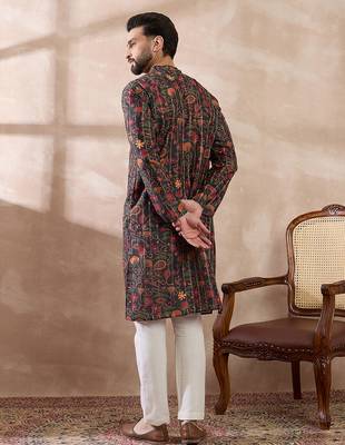 Men black silk blend embroidered mandarin collar straight kurta 4