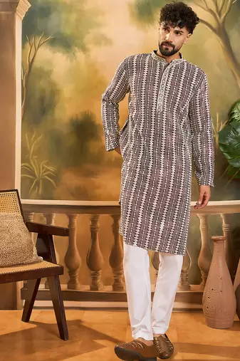 Men purple viscose rayon shibori embroidered straight kurta
