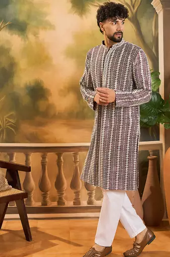 Men purple viscose rayon shibori embroidered straight kurta