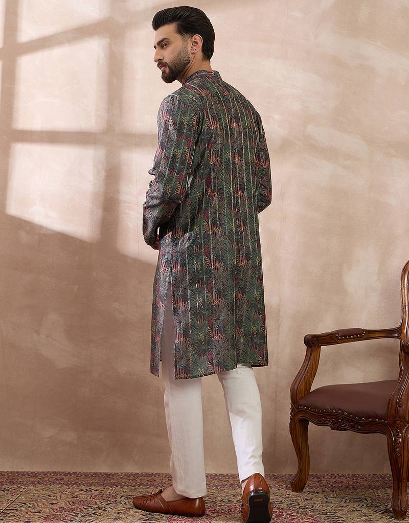 Men black silk blend printed mandarin collar straight kurta