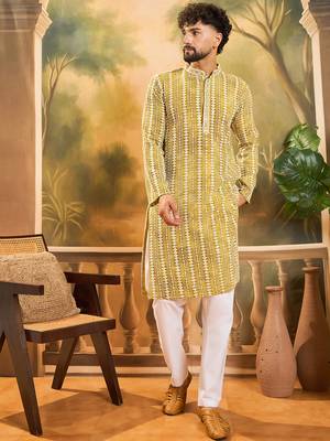 Men mustard viscose rayon shibori embroidered straight kurta 2