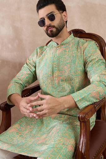 Men green silk blend printed mandarin collar straight kurta
