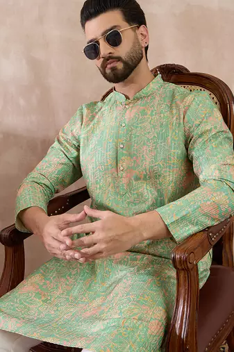 Men green silk blend printed mandarin collar straight kurta