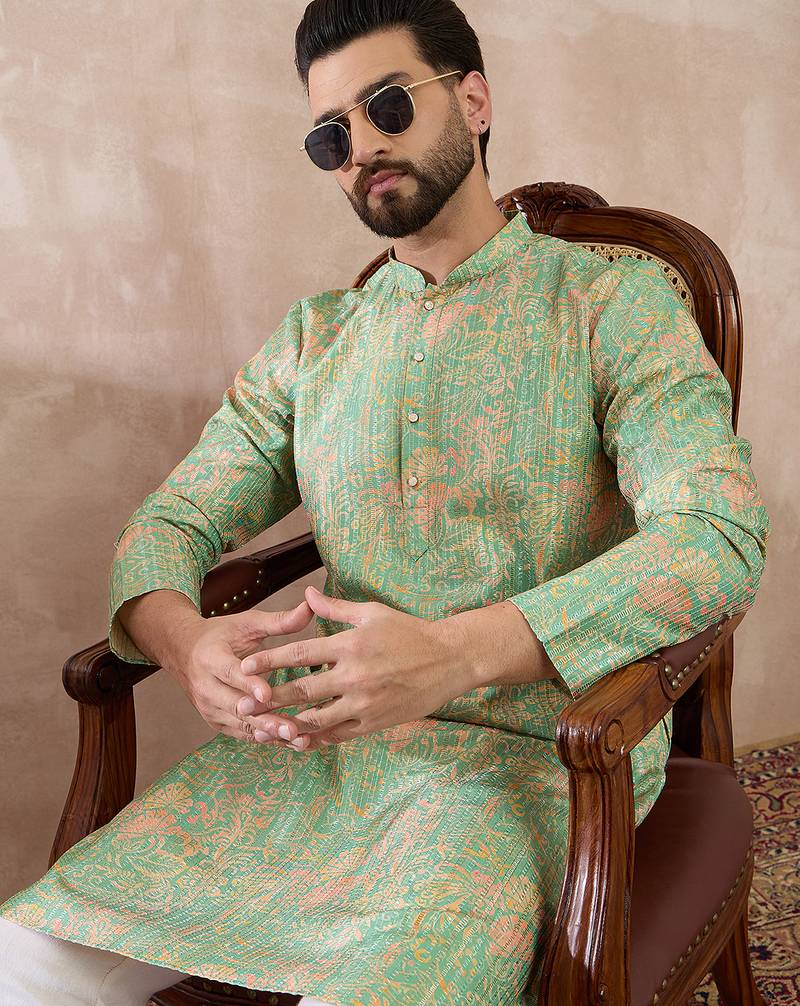 Men green silk blend printed mandarin collar straight kurta