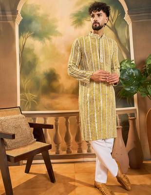 Men mustard viscose rayon shibori embroidered straight kurta 3