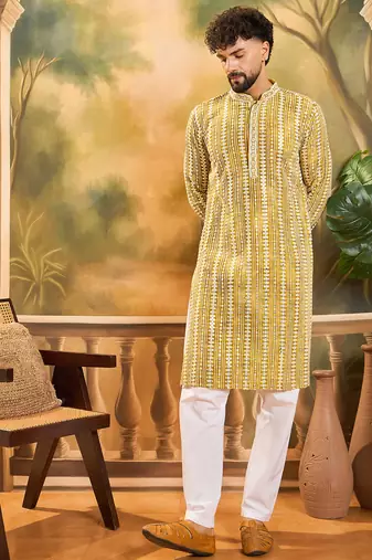 Men mustard viscose rayon shibori embroidered straight kurta