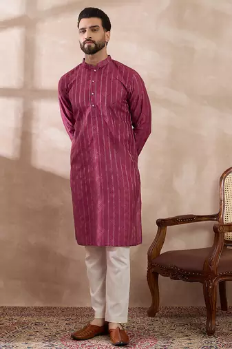 Men pink silk blend printed mandarin collar straight kurta