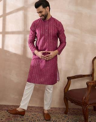 Men pink silk blend printed mandarin collar straight kurta 5