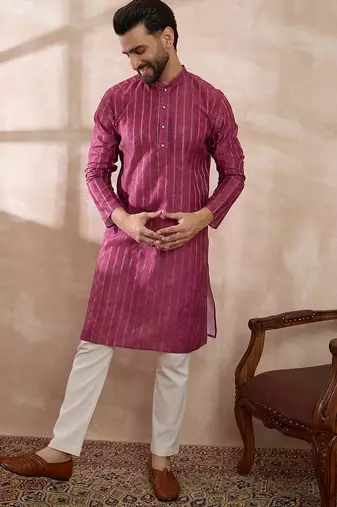 Men pink silk blend printed mandarin collar straight kurta