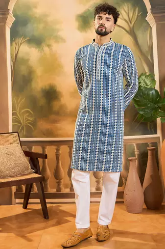 Men blue viscose rayon shibori embroidered straight kurta