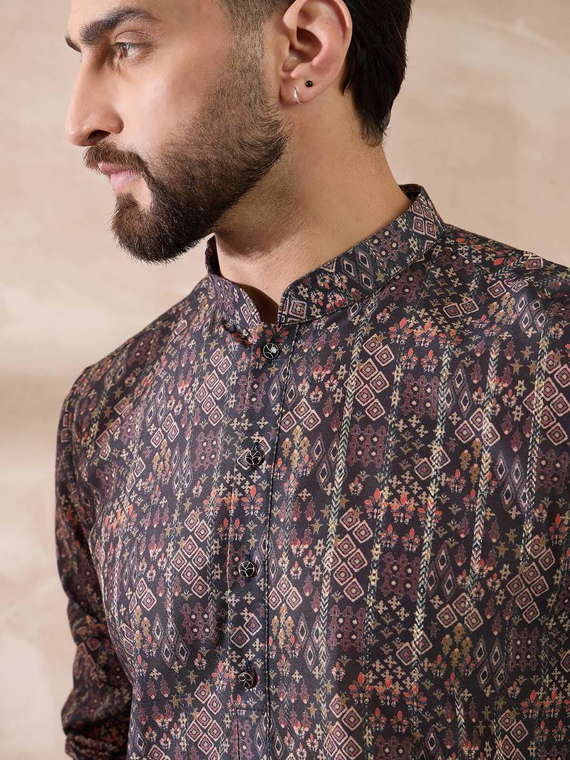 Men black silk blend printed mandarin collar straight kurta