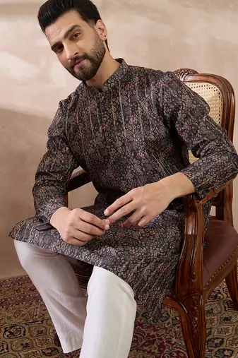 Men black silk blend printed mandarin collar straight kurta