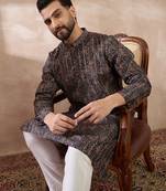 Men black silk blend printed mandarin collar straight kurta