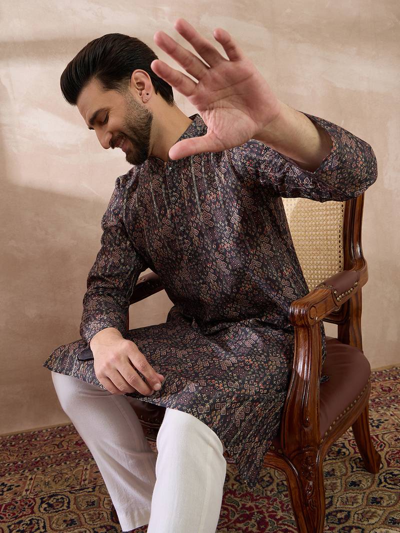 Men black silk blend printed mandarin collar straight kurta