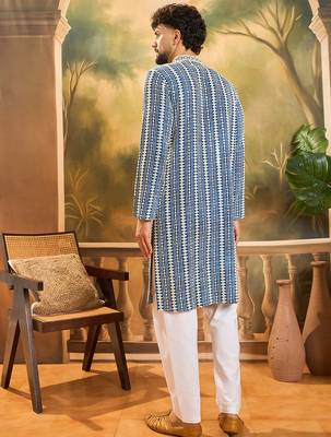 Men blue viscose rayon shibori embroidered straight kurta 4