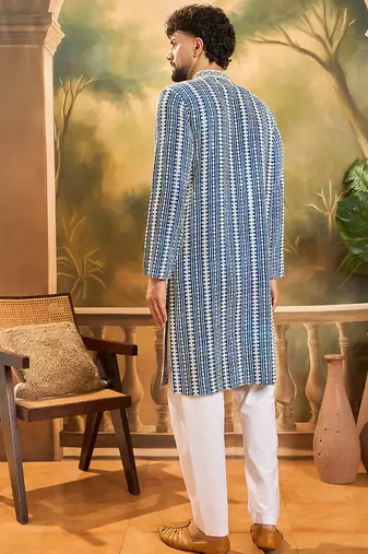 Men blue viscose rayon shibori embroidered straight kurta