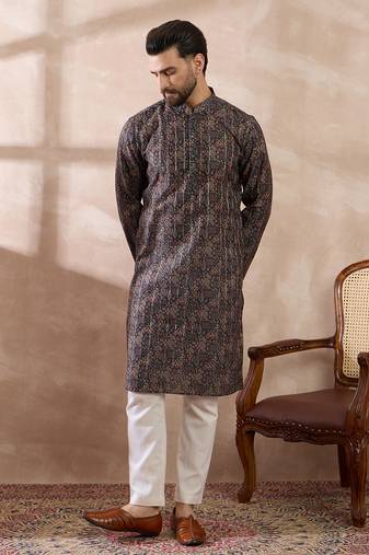 Men black silk blend printed mandarin collar straight kurta