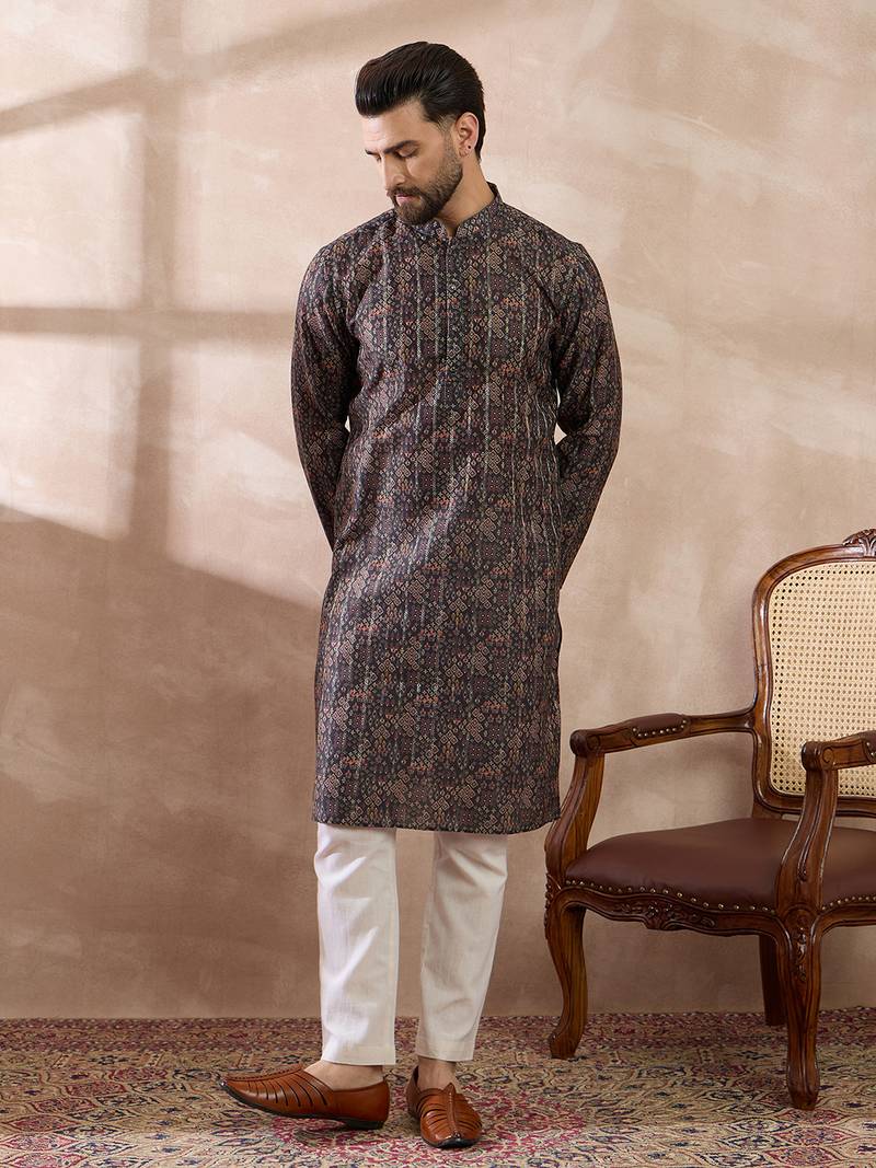 Men black silk blend printed mandarin collar straight kurta