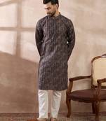 Men black silk blend printed mandarin collar straight kurta