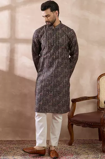 Men black silk blend printed mandarin collar straight kurta