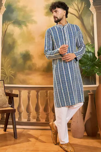 Men blue viscose rayon shibori embroidered straight kurta