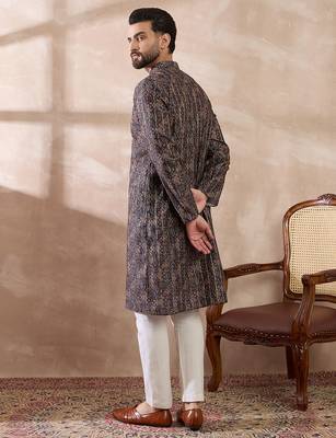 Men black silk blend printed mandarin collar straight kurta 4
