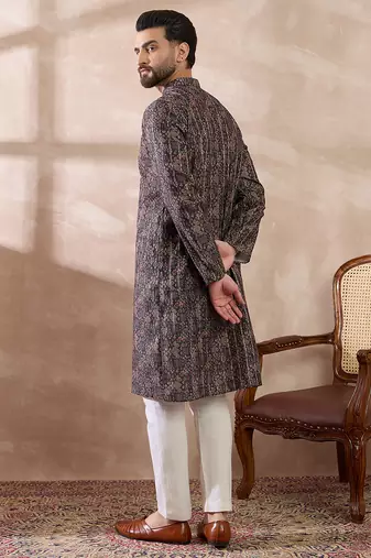 Men black silk blend printed mandarin collar straight kurta