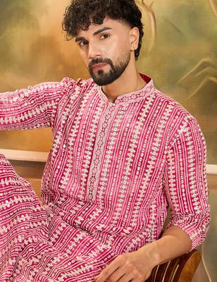 Men red viscose rayon shibori embroidered straight kurta 1