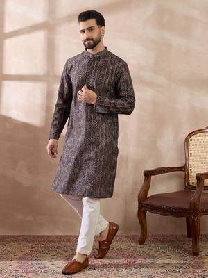 Men black silk blend printed mandarin collar straight kurta 5