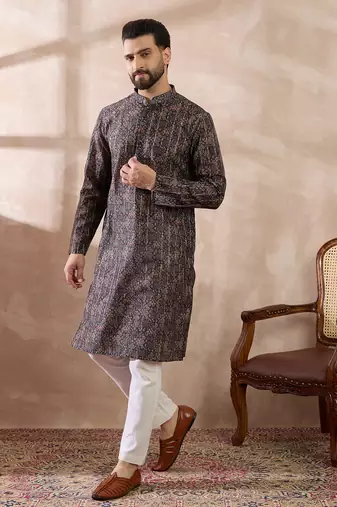 Men black silk blend printed mandarin collar straight kurta