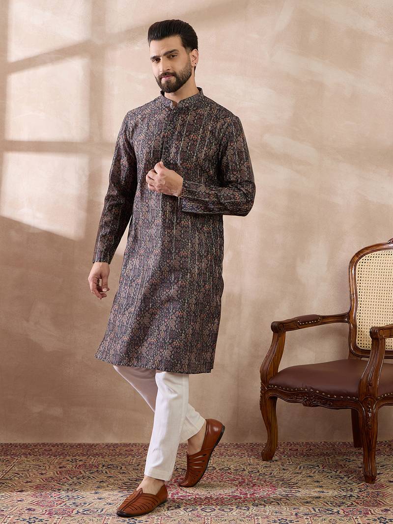 Men black silk blend printed mandarin collar straight kurta